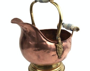 Vintage Copper Planter Lion Head Jardiniere, Delft Handle Coal Bucket, Fireplace Decor, Unique Ornate Home Accent, Large Copper Vase