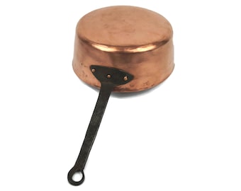 Large Vintage Copper Sauce Pan, Solid Copper Cookware with Iron Handle, Tin Lined Frying Pan, Unique Vintage Kitchen Essential