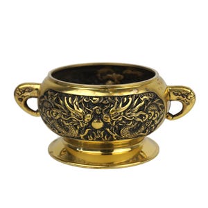 Vintage Brass Incense Burner, Asian Censer with Dragons & Embossed Handles, 20th Century Eastern Perfume Burner for Home Decor, Unique Gift