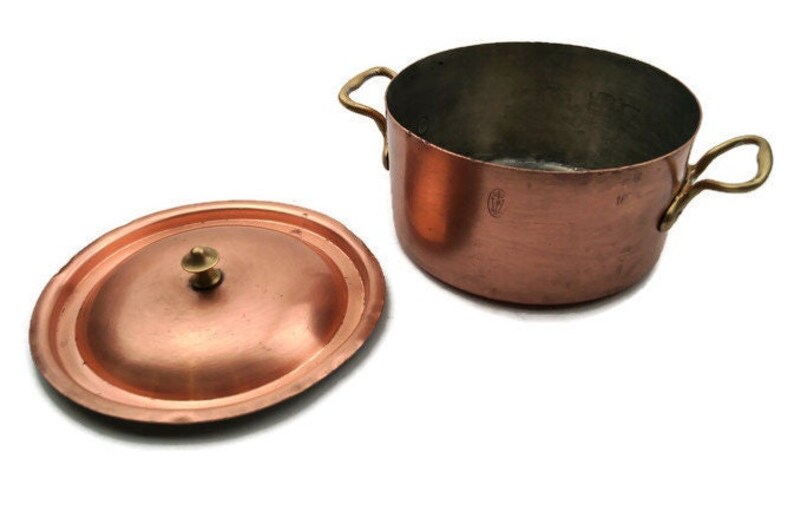 Pentola in rame francese con manici in ottone, pentola da cucina vintage con manici e coperchio, utensili da cucina in rame, casseruola, pentola vintage immagine 4