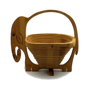 Vintage Wooden Basket, Elephant Shaped Bowl, Collapsible Fruit Basket for Home Decor & Organization