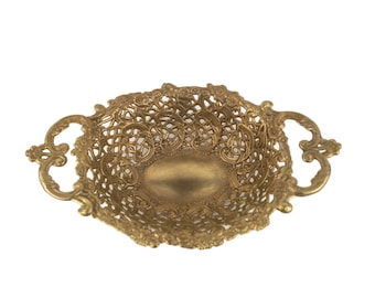 Brass Filigree Oval Fruit Bowl, Ornate Embossed Candy Bowl & Trinket Tray with Handles , Elegant Brass Jewelry Dish