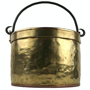Firewood Storage Cauldron, Antique Firewood Storage Pot, Fireplace Decor, Large Brass Cauldron With Iron Handle, Fire Pit Wood Accessories