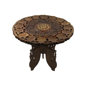Vintage Hand Carved Wooden Folding Side Table, Antique Collapsible End Table, Portable Picnic Table, Small Tables Decorated with Flowers