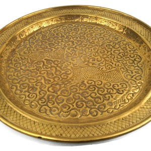 Moroccan Hand Engraved Tray, Antique Large Brass Serving Tray, Coppersmith Handmade Ornate, Moroccan Plate, Vintage Living Room Decor