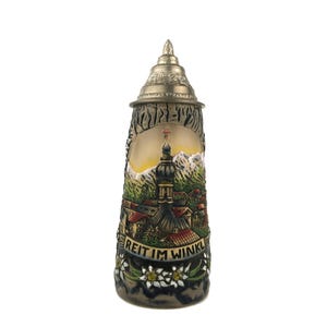 1 One Vintage German Beer Stein, Original Handmade King Stein, Bavarian Ceramic Mug, Stein With Pewter Lid, Ceramic Beer Mug, Gift for Him
