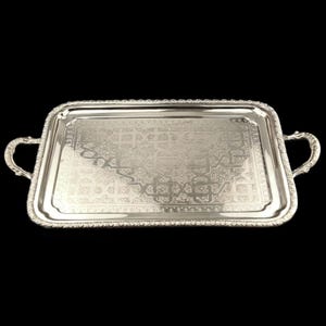 Vintage French Tray, Silver Metal Serving Tray, Large Hand Engraved Tray, Handmade Tray With Handles, Vintage Dining Tray, Marque Déposée