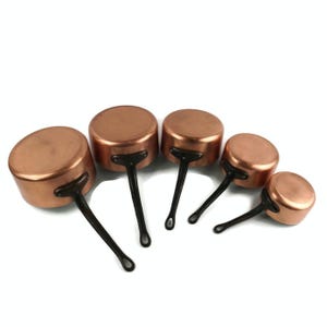 Vintage Copper Saucepan Set of 5 With Iron Handles, Vintage Kitchen Copper Decor, Tinned Frying Pans, Cooking Pans With Iron Handles