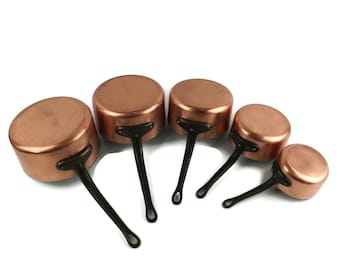 Vintage Copper Saucepan Set of 5 With Iron Handles, Vintage Kitchen Copper Decor, Tinned Frying Pans, Cooking Pans With Iron Handles