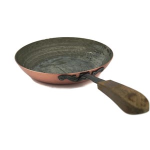 Vintage koperen koekenpan, Stockli-Netstal Zwitserse koperen pan, vertinde koperen pan met ijzeren houten handvat, uniek koperen keukencadeau
