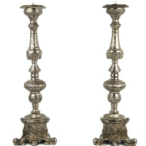 Vintage Brass Candle Holder Set, Pair of 2 Silver Candlestick Holders in Silver Color, Standing Candle Holder, Living Room Decor