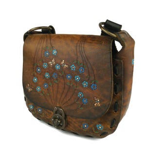 Vintage Genuine Leather Bag, Handmade Crossbody Floral Purse, Antique Ornate Leather Satchel with Brass Clasp & Adjustable Strap, Gift Idea