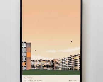 Park Hill Sheffield, póster de arquitectura, póster retro, póster moderno de mediados de siglo, póster minimalista, regalo de Sheffield, regalo de arquitecto