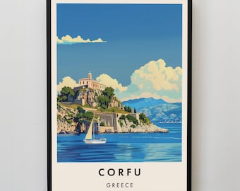 May include: A vintage travel poster featuring a colorful illustration of a small island with a building on a cliff overlooking the ocean. The text "CORFU GREECE" is at the bottom of the poster.