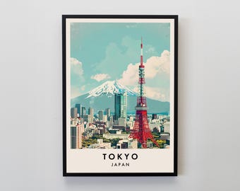 May include: A vintage-style travel poster featuring a cityscape of Tokyo, Japan. The poster features a red and white tower, a snow-capped mountain in the background, and the text "TOKYO JAPAN".