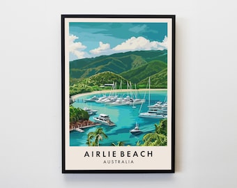May include: A framed art print featuring a coastal scene of Airlie Beach, Australia. The artwork depicts a harbor filled with boats, surrounded by lush green hills and a bright blue sky with fluffy white clouds. The text "AIRLIE BEACH AUSTRALIA" is at the bottom.