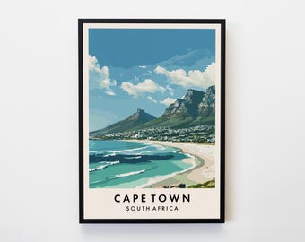 May include: A colorful illustration of Cape Town, South Africa, featuring a view of Table Mountain and the ocean. The text "CAPE TOWN" and "SOUTH AFRICA" is printed below the image.