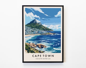 May include: A colorful illustration of a cityscape with a mountain in the background. The city is on a coastline with blue water and a sandy beach. The text "CAPE TOWN SOUTH AFRICA" is at the bottom of the image.