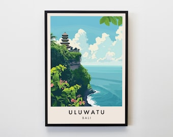 Puede incluir: Una ilustración colorida de un templo en un acantilado con vistas al océano. El templo está rodeado de exuberante vegetación verde y el cielo es azul brillante con nubes blancas. El texto "ULUWATU BALI" está en la parte inferior de la imagen.