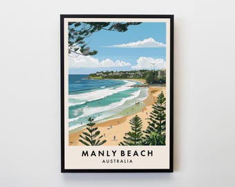 マンリービーチ旅行プリント、マンリービーチポスター、オーストラリア旅行プリント、旅行好きのホームデコレーションウォールアートシティ旅行ポスターギフト
