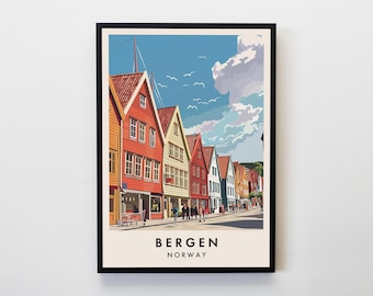 May include: A colorful illustration of a street scene in Bergen, Norway. The image features a row of colorful buildings with red, yellow, and white facades. The buildings have white windows and doors. There are people walking on the street in front of the buildings. The sky is blue with white clouds. The text "BERGEN NORWAY" is at the bottom of the image.