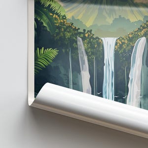 May include: A digital illustration of a lush green jungle with a waterfall cascading down a cliff. The waterfall is surrounded by tall trees and lush foliage. The sun shines through the trees, creating a warm glow.