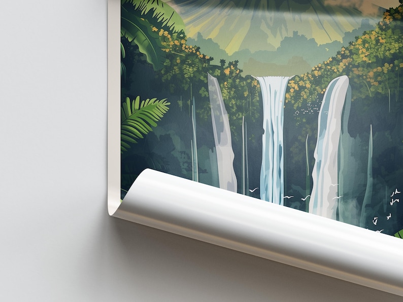 May include: A digital illustration of a lush green jungle with a waterfall cascading down a cliff. The waterfall is surrounded by tall trees and lush foliage. The sun shines through the trees, creating a warm glow.