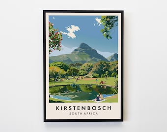 May include: A vintage travel poster featuring a scenic view of Kirstenbosch National Botanical Garden in Cape Town, South Africa. The poster depicts a lush green landscape with a pond, a mountain in the background, and people enjoying the outdoors. The text "Kirstenbosch South Africa" is printed at the bottom of the poster.