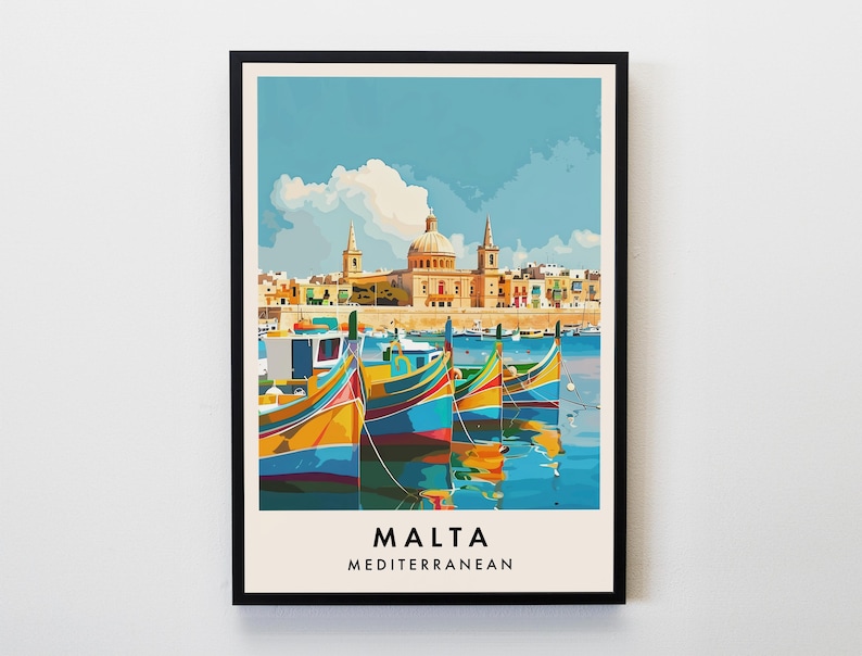 May include: A colorful illustration of a cityscape with a church in the background and boats in the foreground. The text "MALTA MEDITERRANEAN" is at the bottom of the image.