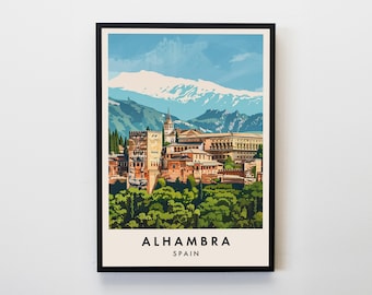 Impresión de viaje de la Alhambra, arte mural de la Alhambra, póster de la Alhambra, impresión de viaje a España, decoración del hogar para amantes de los viajes, arte mural, póster de viaje urbano, regalos