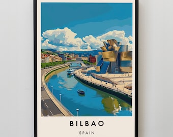 May include: A colorful illustration of the Guggenheim Museum Bilbao, a modern art museum in Bilbao, Spain. The museum is a striking example of contemporary architecture, with its titanium-clad exterior and flowing curves. The illustration also features a river flowing through the city, with boats on the water.