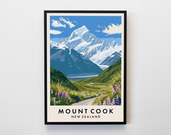 Plakat podróżniczy Mount Cook, grafika ścienna z Mount Cook, plakat podróżniczy z Nowej Zelandii, dekoracja ścienna dla miłośników podróży, plakat podróżniczy po mieście, prezenty