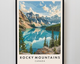 May include: A vintage travel poster featuring a scenic view of the Rocky Mountains in Canada. The poster features a blue lake reflecting the snow-capped mountains and a lush forest in the foreground. The text "ROCKY MOUNTAINS CANADA" is printed at the bottom of the poster.