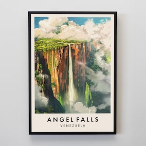 Peut inclure: Une affiche de voyage vintage représentant la vue panoramique des chutes d'Angel au Venezuela. L'affiche a un fond blanc avec du texte noir et une image colorée de la cascade qui dévale une falaise.