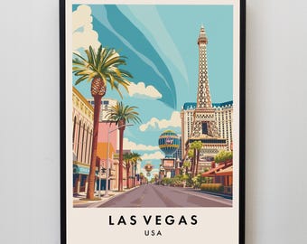 Könnte beinhalten: Eine farbenfrohe Illustration der Skyline von Las Vegas mit einer Nachbildung des Eiffelturms, Palmen und einem blauen Himmel mit weißen Wolken. Der Text "LAS VEGAS USA" befindet sich am unteren Rand des Bildes.