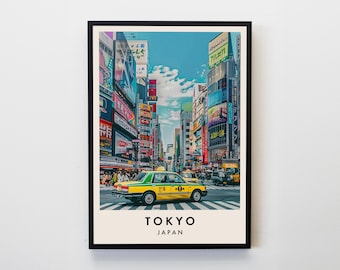 Könnte beinhalten: Ein gelbes Taxi fährt durch eine geschäftige Straße in Tokio, Japan. Die Straße ist gesäumt von hohen Gebäuden mit bunten Schildern und Werbung. Der Text "TOKYO JAPAN" ist unter dem Bild gedruckt.