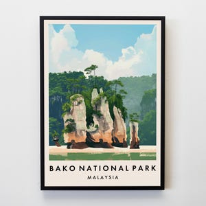 May include: A vintage travel poster featuring a scenic view of Bako National Park in Malaysia. The poster features a vibrant green jungle landscape with towering rock formations and a blue sky with white clouds. The text "BAKO NATIONAL PARK" and "MALAYSIA" is printed in black at the bottom of the poster.