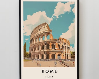 May include: A vintage travel poster featuring the Colosseum in Rome, Italy. The poster has a blue sky with white clouds and a brown and beige Colosseum with people walking in front of it. The text "ROME" and "ITALY" is at the bottom of the poster.
