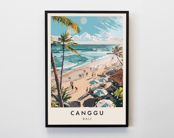 Puede incluir: Una ilustración colorida de una escena de playa en Canggu, Bali. La imagen presenta una playa de arena con agua turquesa, palmeras y personas disfrutando del sol. El texto "CANGGU BALI" está impreso en la parte inferior de la imagen.