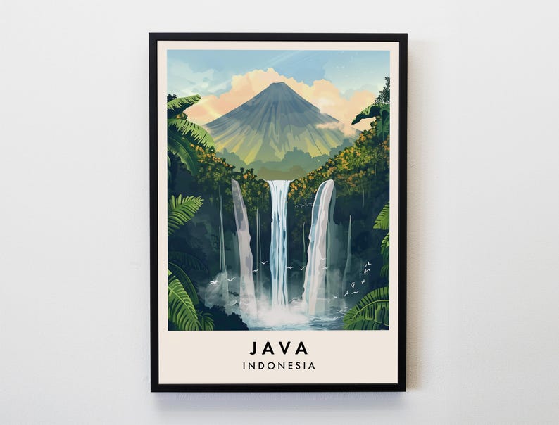 May include: A vintage travel poster featuring a lush green mountain with a waterfall cascading down its side. The poster is titled "JAVA INDONESIA" in black text.