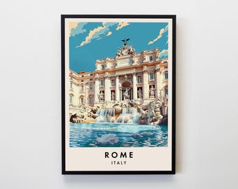 May include: A colorful illustration of the Trevi Fountain in Rome, Italy. The fountain is surrounded by a white building with statues and a blue sky above.
