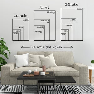 May include: A diagram showing different standard print sizes for artwork, including 3:4 ratio, A1-A4, and 2:3 ratio. The sizes are listed in inches. The diagram is displayed on a white wall above a beige sofa with white pillows.