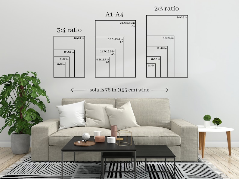May include: A diagram showing different standard print sizes for artwork, including 3:4 ratio, A1-A4, and 2:3 ratio. The sizes are listed in inches. The diagram is displayed on a white wall above a beige sofa with white pillows.