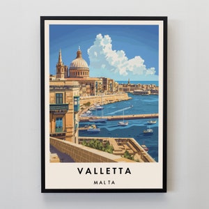 May include: A colorful illustration of Valletta, Malta, featuring a view of the Grand Harbour with boats and a large building with a dome. The text "Valletta" and "Malta" are printed below the image.