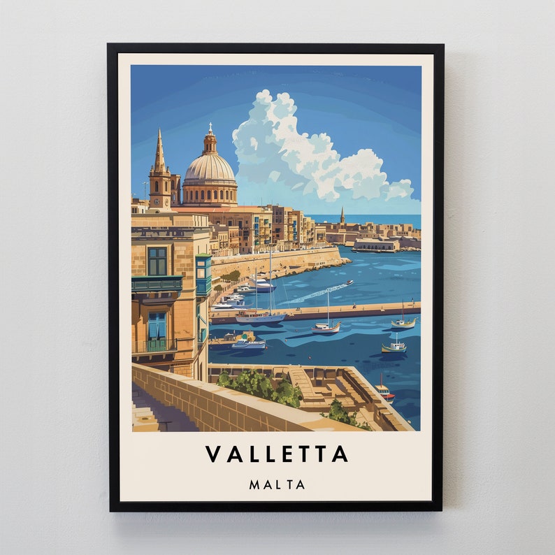 May include: A colorful illustration of Valletta, Malta, featuring a view of the Grand Harbour with boats and a large building with a dome. The text "Valletta" and "Malta" are printed below the image.