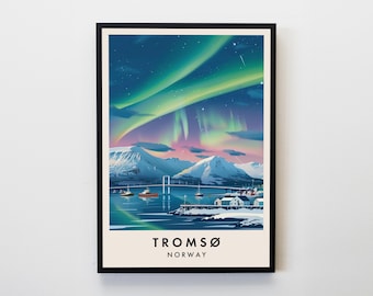 May include: A colorful illustration of the city of Tromsø, Norway, with the Northern Lights in the sky. The city is located on a fjord and has a bridge in the foreground. The text "Tromsø Norway" is at the bottom of the image.