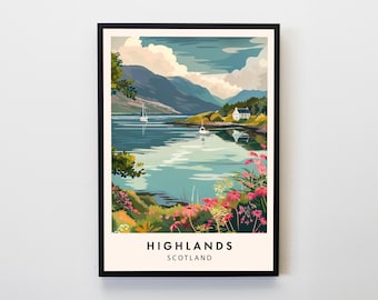 Impresión de viaje a las Tierras Altas de Escocia, póster de las Tierras Altas de Escocia, póster de Escocia, decoración para amantes de los viajes, póster de viaje, regalos