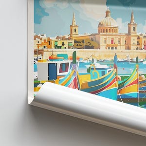 May include: A colorful painting of a harbor scene with traditional Maltese fishing boats, known as luzzu, in the foreground. The boats are painted in vibrant colors, including red, yellow, blue, and green. The background features a cityscape with a church and other buildings.