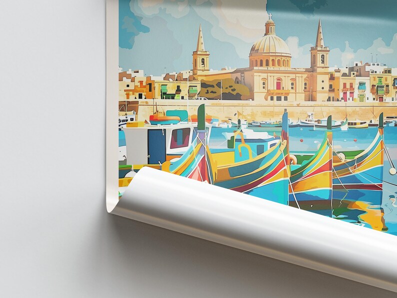 May include: A colorful painting of a harbor scene with traditional Maltese fishing boats, known as luzzu, in the foreground. The boats are painted in vibrant colors, including red, yellow, blue, and green. The background features a cityscape with a church and other buildings.