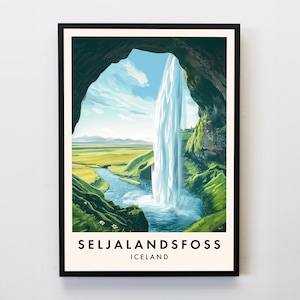 May include: A framed art print of Seljalandsfoss waterfall in Iceland. The artwork depicts a waterfall cascading into a river, with green hills and a blue sky. The text "SELJALANDSFOSS ICELAND" is at the bottom.
